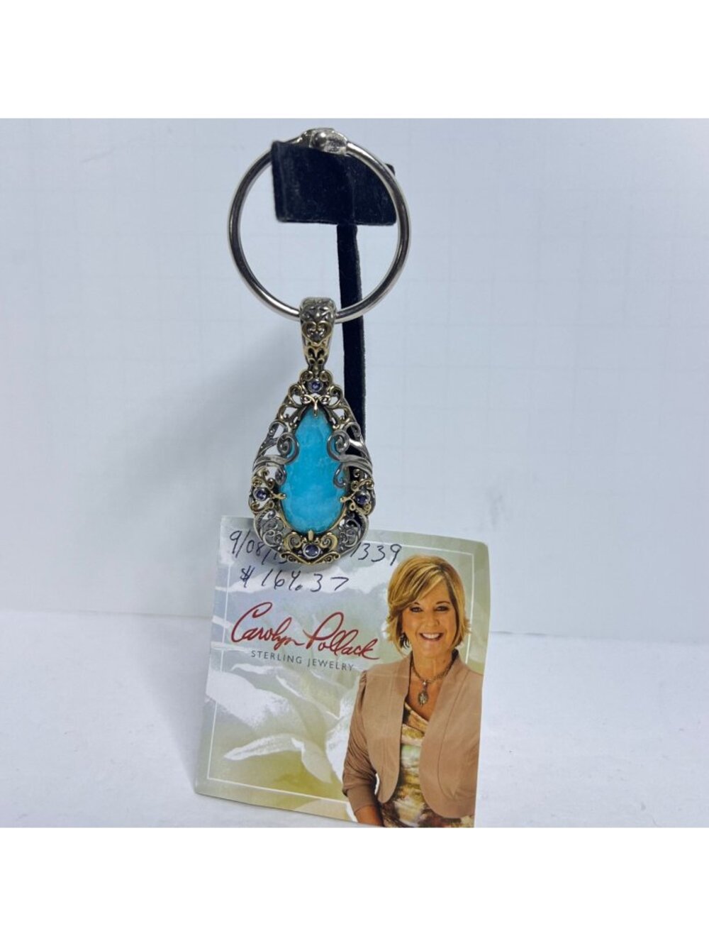 Carolyn Pollack Sterling Silver, Brass And Aqua Synthetic Stone Pendant (6410)